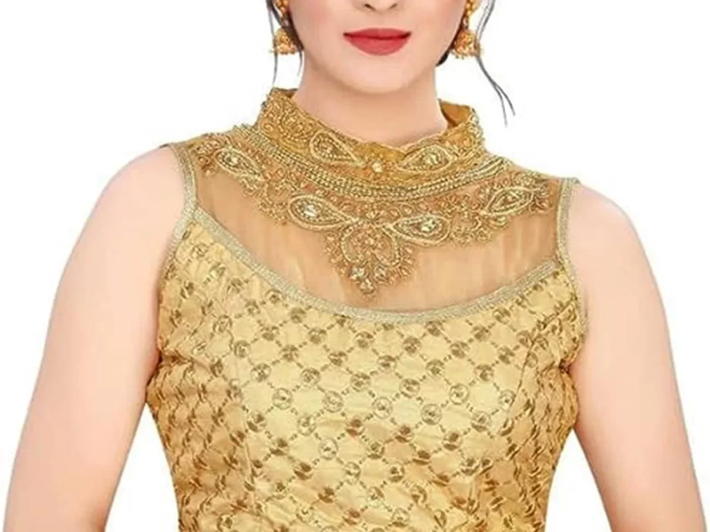 High-neck with intricate zari work blouse design